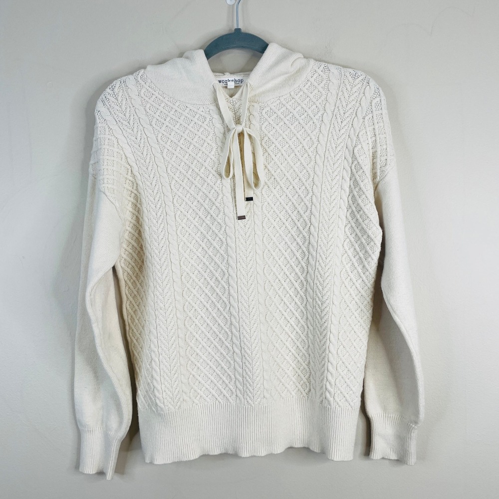 Cable Knit Cabincore Hooded Sweater Womens Medium Neutral Buttery Soft Camping